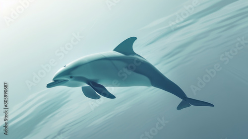 A realistic rendering of a dolphin swimming gracefully through clear blue waters, capturing the essence of underwater life. © Thinnawat