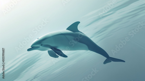 A realistic rendering of a dolphin swimming gracefully through clear blue waters, capturing the essence of underwater life.