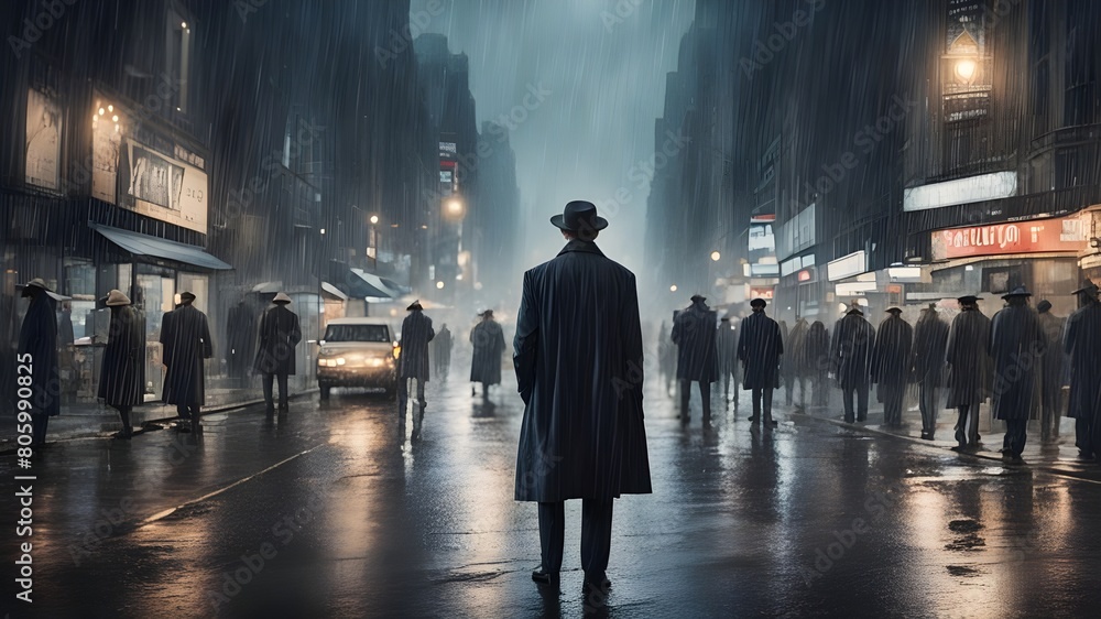  A lone tall detective in an overcoat and a hat stands in the middle of the street looking upon the street