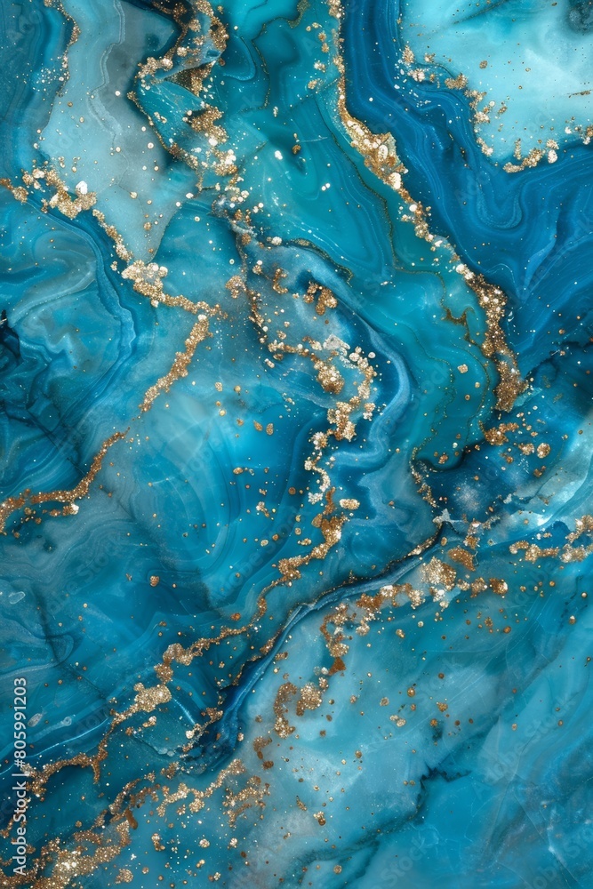 A high-resolution images of marble texture with blue and intertwined veins of gold and silver glitter.