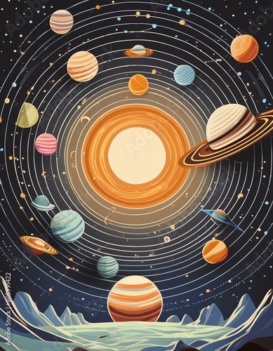 Streamlined solar system with flat, circular planets in varied subdued hues orbiting a simplified sun