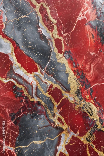 A high-resolution images of marble texture with red and intertwined veins of gold and silver glitter. 