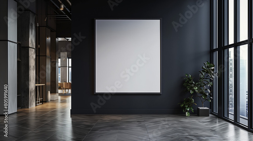 Creative interior concept. Dark large empty wall room with blank frame furniture deco. Banner template for product presentation. Mock up 3D rendering living, office, gallery