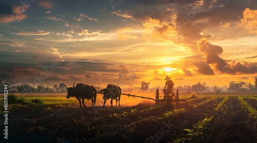 Silhouette of A farmer plowing a field with two oxen at sunset 