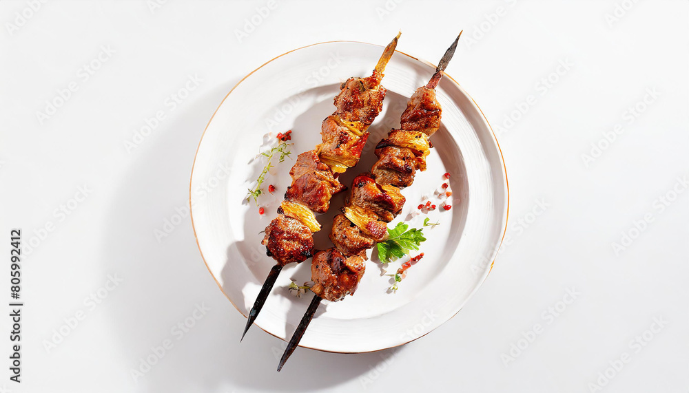 Two meat skewers with vegetables on white plate top view. Home-cooked on the grill beef shish kebab Two meat skewers with vegetables on white plate top view. Home-cooked on the grill beef shish kebab