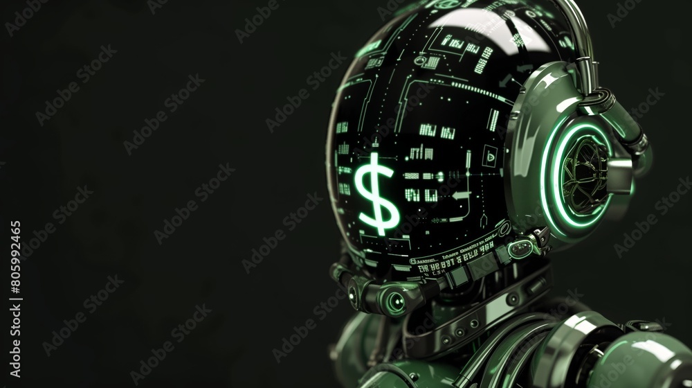 Robotic android with big glowing green power button on chest, dollar sign on power button Neon style futurism Robotic android with big glowing green power button on chest, dollar sign on power button Neon style futurism