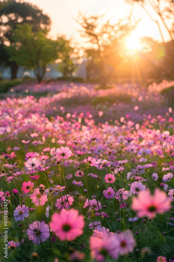 The ground is covered with pink flowers, and the sky in front has a beautiful sunrise. In springtime at Tokyo shinjuku flower park, there is an endless sea of fresh, vibrant Blue Nymbers blooming. 