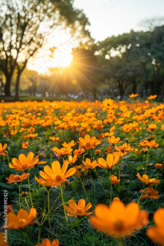 The ground is covered with orange flowers, and the sky in front has a beautiful sunrise. In springtime at Tokyo shinjuku flower park, there is an endless sea of fresh, vibrant Blue Nymbers blooming. 