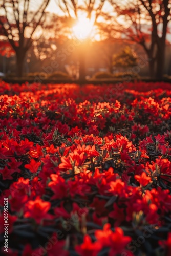 The ground is covered with red flowers, and the sky in front has a beautiful sunrise. In springtime at Tokyo shinjuku flower park, there is an endless sea of fresh, vibrant Blue Nymbers blooming. © Nica