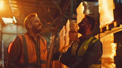 Two male logistics professionals in a warehouse laughing together