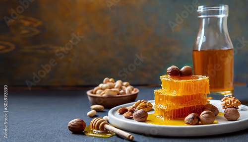 Honeycombs with honey spoon, nuts and glass jar on dark background with copy space, bee products