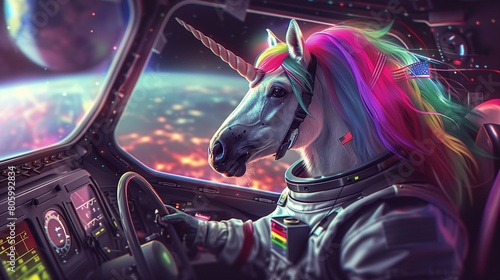 imagine a hyper-realistic illustration of a unicorn with multicolor hair weared as an astronaut inside a spaceship photo
