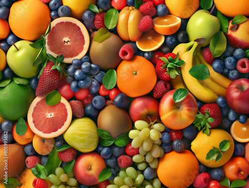 A top view background of realistic fruits, capturing a colorful and vibrant assortment of various fruits such as apples, oranges, bananas, grapes, and berries. The image should showcase the fruits in 