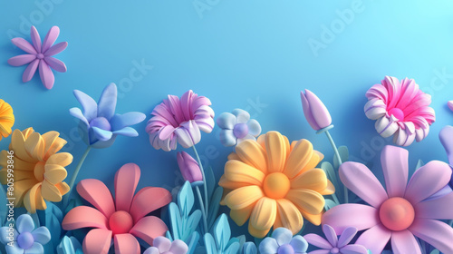 A lively bouquet of 3D rendered flowers in pastel and vibrant hues  set against a clear blue sky-like background.