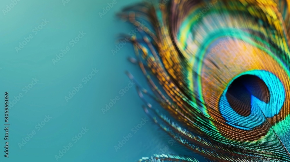 Obraz premium Vibrant peacock feather background or banner with copy space, showing iridescent eyes and intricate patterns.