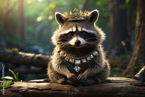 Fantasy of a cute raccoon in the forest wearing a necklace and crown photo