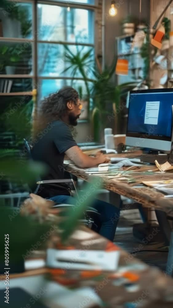 A man is sitting at a desk with a computer monitor in front of him A man is sitting at a desk with a computer monitor in front of him