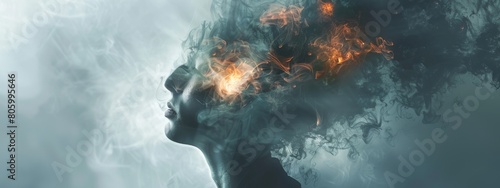 Man's head is on fire, symbolizing burnout syndrome. Psychological mental health challenges. Exhausted, fatigued, tired, overwhelmed, depressed person. photo