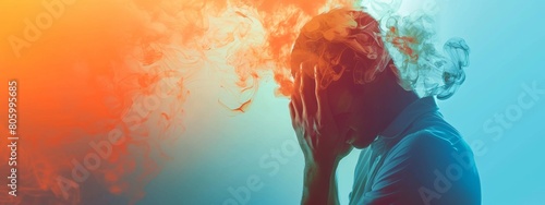 Man's head is on fire, symbolizing burnout syndrome. Psychological mental health challenges. Exhausted, fatigued, tired, overwhelmed, depressed person.