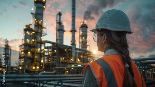 Unrecognizable employee or engineer female standing looking at factory that releases carbon toxic fumes into the atmosphere. worker wearing safety helmet working in large electric power plant