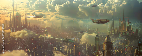 Capture a vibrant Utopian cityscape with futuristic aircraft gliding overhead