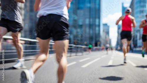 motion blurred marathon runners in a city