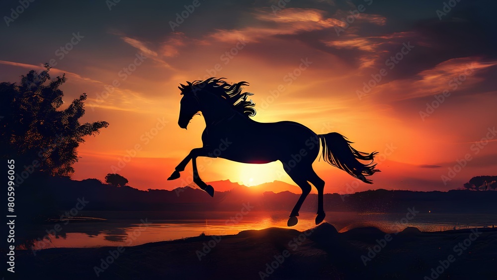 Dusk's Leap: Majestic Horse Soaring Against the Sunset. AI Generated Dusk's Leap: Majestic Horse Soaring Against the Sunset. AI Generated