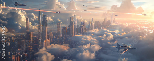 Capture a vibrant Utopian cityscape with futuristic aircraft gliding overhead