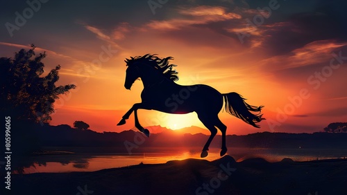 Dusk s Leap  Majestic Horse Soaring Against the Sunset. AI Generated