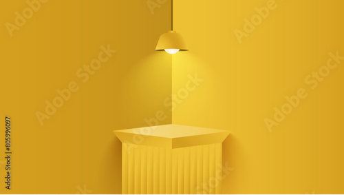 Yellow podium soft pedestal podium. Podium with lamp. Pastel color abstract room design.