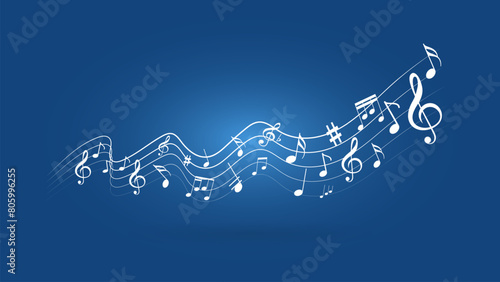 Abstract music notes in wavey form, musical notes isolated on blue background. vector illustration