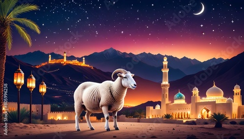 Eid ul adha mubarak theme a sheep is standing with a lot of islamic lantern lights in different colours around it behind beautiful view of mosque and dark night with stars along eid celebrations
