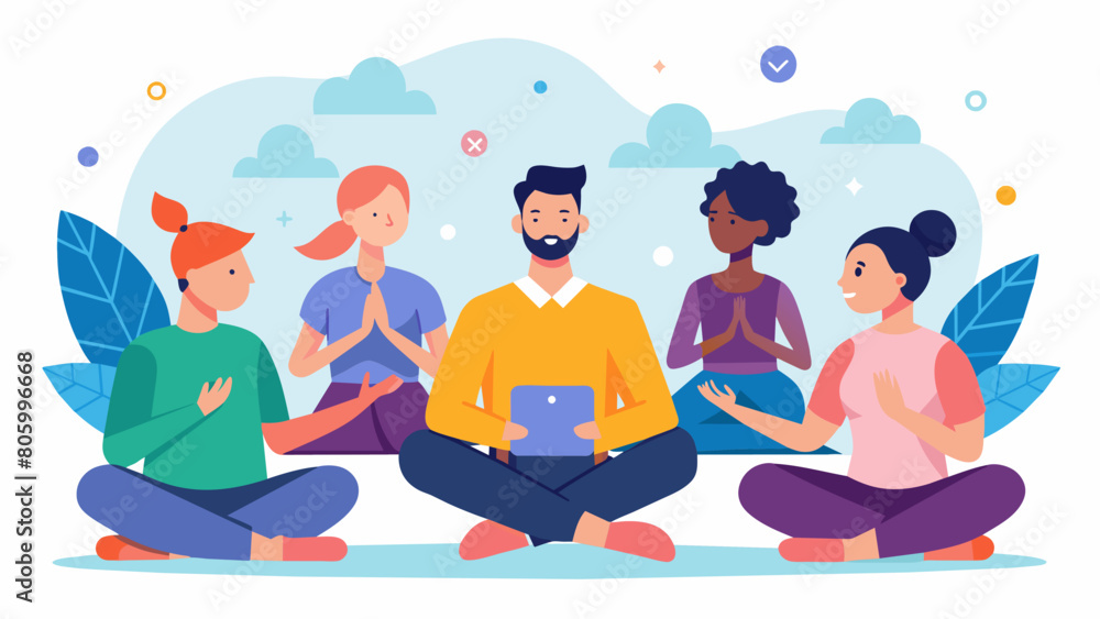A teambuilding event for a company includes a group meditative drawing activity fostering collaboration and stress relief a colleagues.. Vector illustration A teambuilding event for a company includes a group meditative drawing activity fostering collaboration and stress relief a colleagues.. Vector illustration