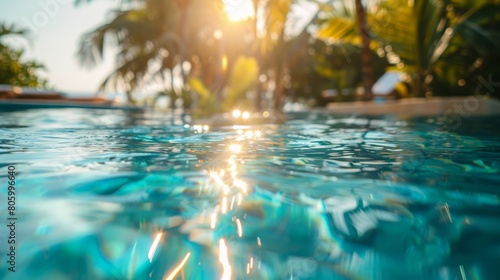 Blurred view of a tropical pool with reflections of sunlight and lush palm trees  evoking a sense of tranquility and luxury. Concept of relaxation  luxury  and tropical escape. 