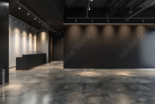 empty retail shop, modern lights, concrete floor, black flat wall and ceiling photo