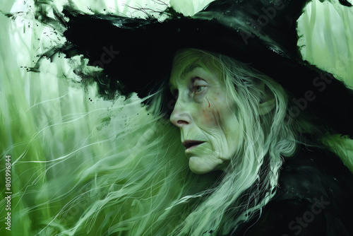 portrait of an old scary and ugly green witch with hat in a foggy background, fairy tale character photo