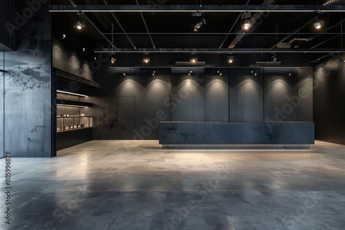 empty retail shop, modern lights, concrete floor, black flat wall and ceiling