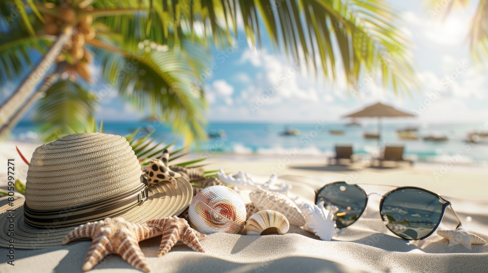 Beach accessories like a straw hat, sunglasses, and seashells are artfully arranged on a sandy beach. Beach accessories like a straw hat, sunglasses, and seashells are artfully arranged on a sandy beach.