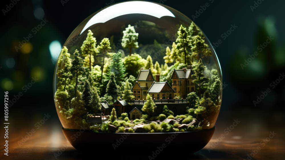 Enchanting miniature forest and mansion encased in a glass dome.Generative ai Enchanting miniature forest and mansion encased in a glass dome.Generative ai