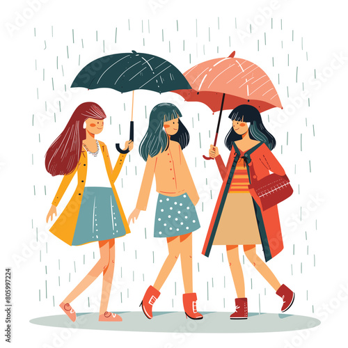 Three women walking under umbrellas during rain shower, wearing coats, displaying casual fashion. Female friends stroll together despite wet weather, showcasing diverse umbrella colors, autumn