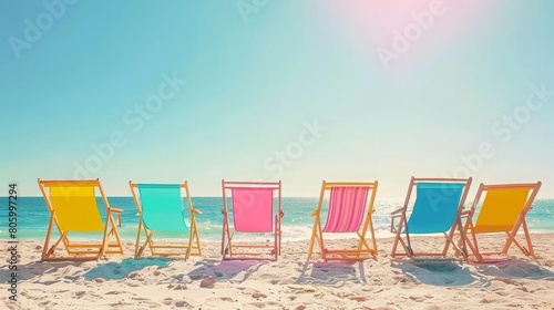 Colorful Beach Chairs on Sandy Shore  A row of colorful beach chairs facing the ocean on a bright  sunny beach day.