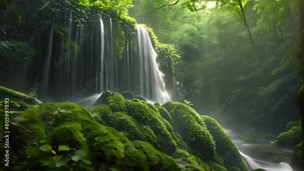 A picturesque and serene waterfall surrounded by lush greenery in the midst of a vibrant forest, A moss-covered forest with a hidden waterfall A picturesque and serene waterfall surrounded by lush greenery in the midst of a vibrant forest, A moss-covered forest with a hidden waterfall