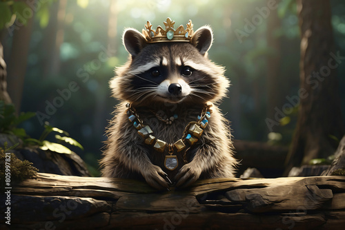 Fantasy of a cute raccoon in the forest wearing a necklace and crown photo