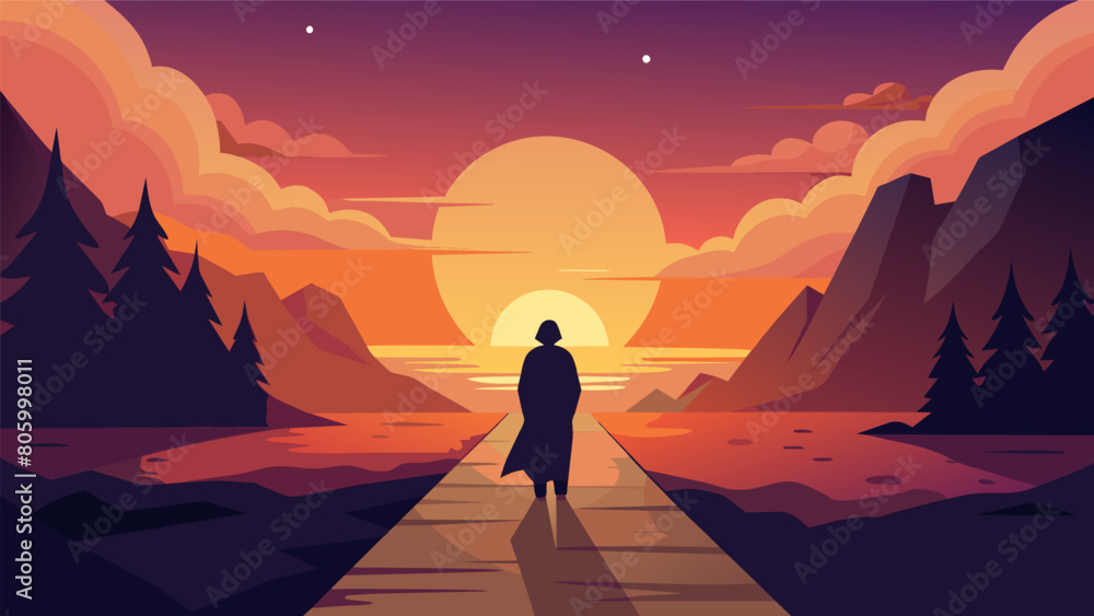 As the sun begins to set the philosophers walk takes on an ethereal quality mirroring the mystique of his musings.. Vector illustration