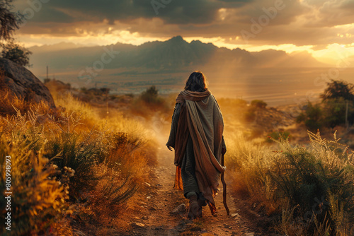 Bartholomew walking along a dusty road, his staff in hand as he journeys to spread the Gospel to the far corners of the earth, his heart ablaze with zeal. Top view photo