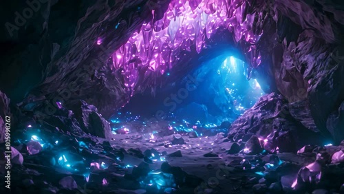A stunning underground cave is aglow with an enchanting display of vibrant purple and blue lights, A mysterious cave filled with glowing gemstones photo