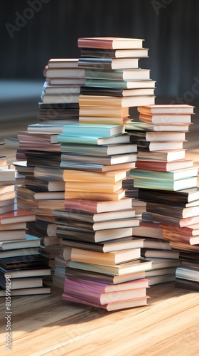 A large stack of hardcover books, all different colors, sitting on a wooden table or floor.