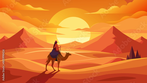 Riding a camel through a vast desert marveling at the endless expanse of sand dunes and dramatic sunsets..