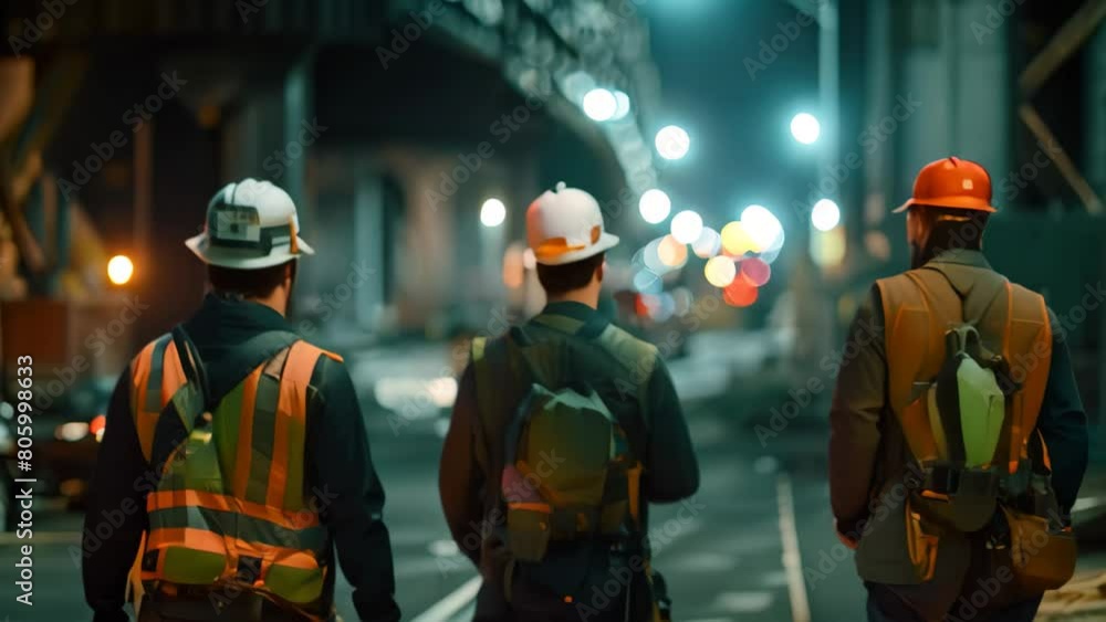 Three Construction Workers Walking Down a Street at Night, A night scene of construction workers wearing glow-in-the-dark safety vests Three Construction Workers Walking Down a Street at Night, A night scene of construction workers wearing glow-in-the-dark safety vests