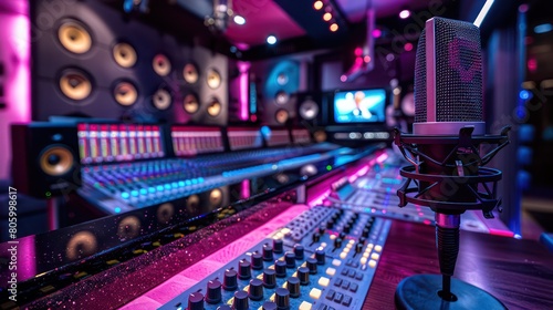 modern audio recording studio, high-tech microphones